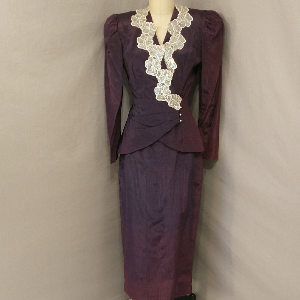 80s Edwardian Style Skirt Set Wide Shoulders Sequin Trim Feminine